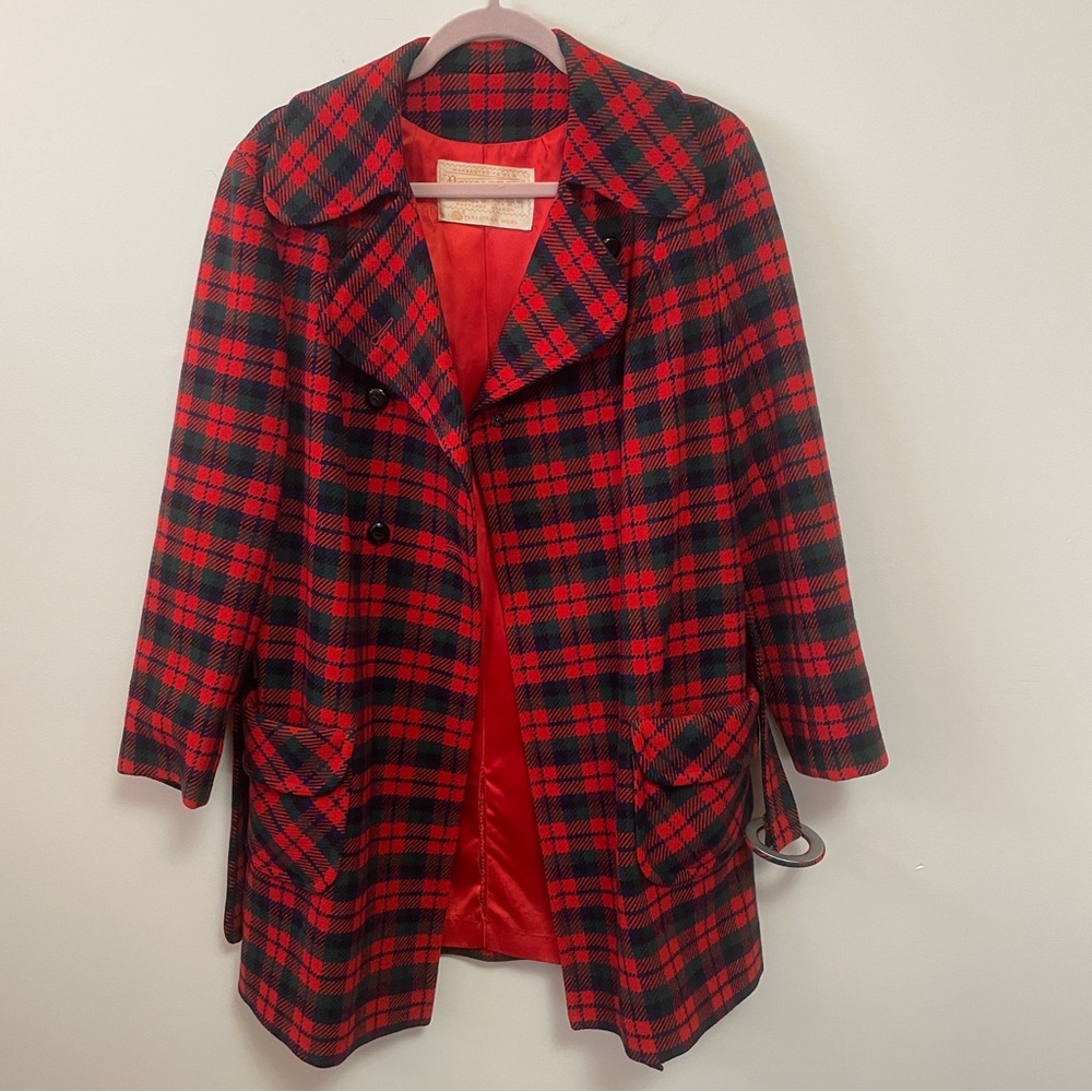 VINTAGE 100% Wool Red Tartan Plaid Pendleton Peacoat w/ Belt Sz M